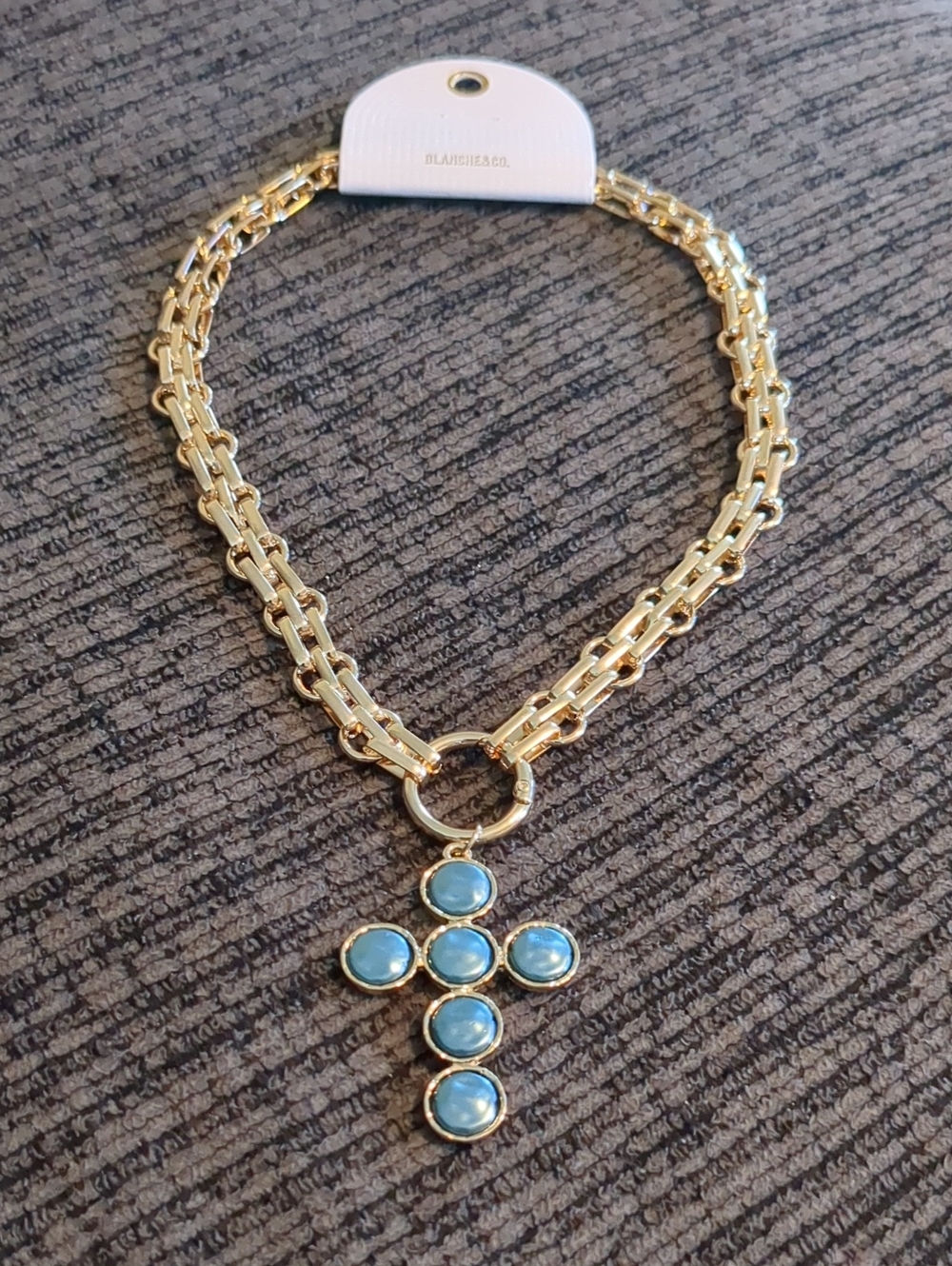 Gold Mesh Chain Pearl Cross Pendant Necklace — Chunky Statement Layering Piece